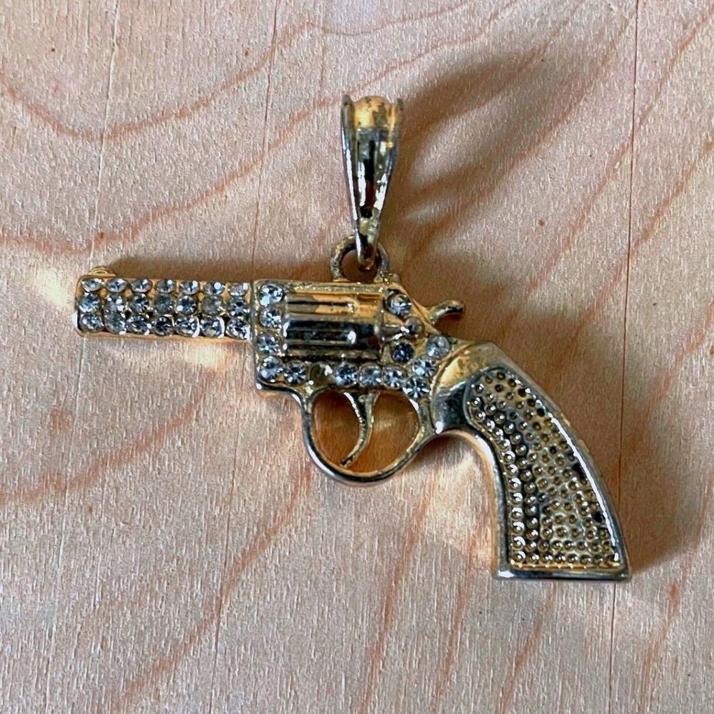 VTG Gold Tone Rhinestone Revolver Pistol Gun Pendant Streetwear Bling Charm